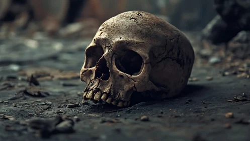 Eroded human skull on debris-littered ground, cinematic focus.