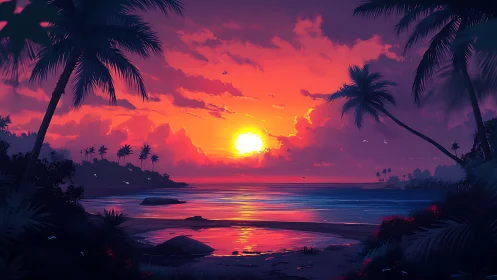 Tropical sunset ignites calm ocean beneath vivid clouds.