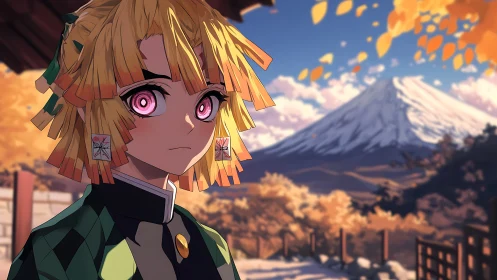 Anime character before autumn landscape with distant peak.