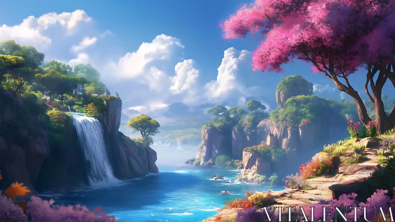 Dreamlike waterfall valley glows beneath vibrant pink trees