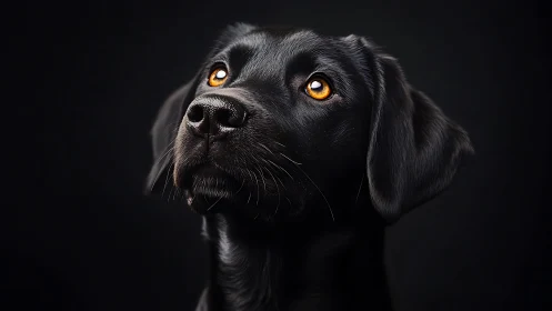 Black labrador gazes upward in dramatic studio lighting.