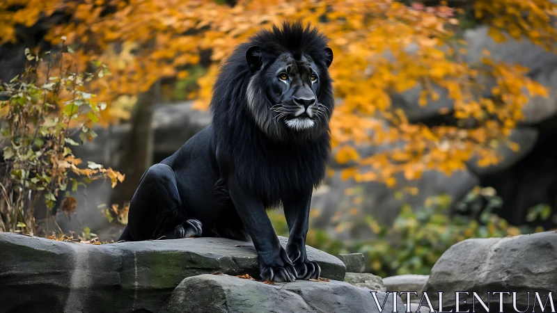 Black-maned lion standing on rocks in autumn habitat.