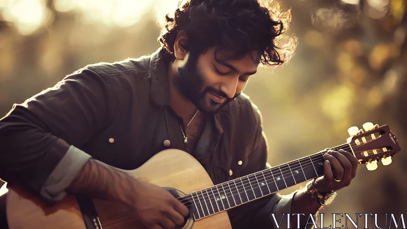 Smiling guitarist strums acoustic outdoors in warm evening light.
