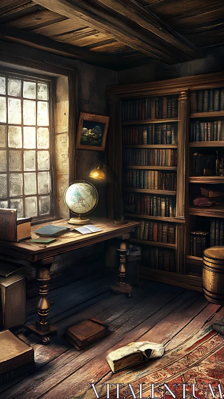 Sunlit cartographic study in timber-framed archival library.