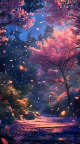 Twilight sakura pathway rendered in luminous digital painting