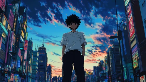 Solitary anime teen stands in neon city at electric sunset