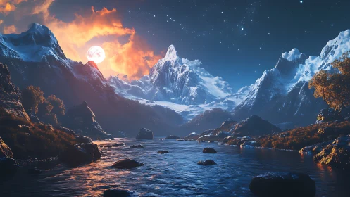 Luminous moonrise over glacial mountain river valley.