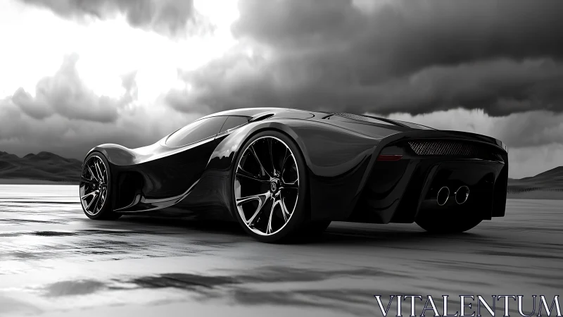 Sleek black futuristic supercar on wet open landscape.