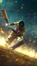 Cricket batsman drives forward in a storm of glowing sparks
