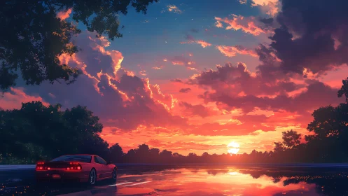 Red sports coupe at reflective lakeside road during sunset