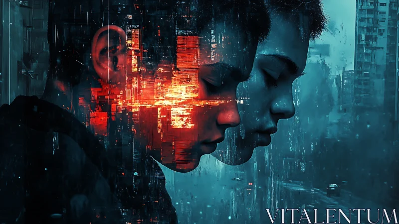 Cyberpunk dual portrait with glitching neon city overlay.