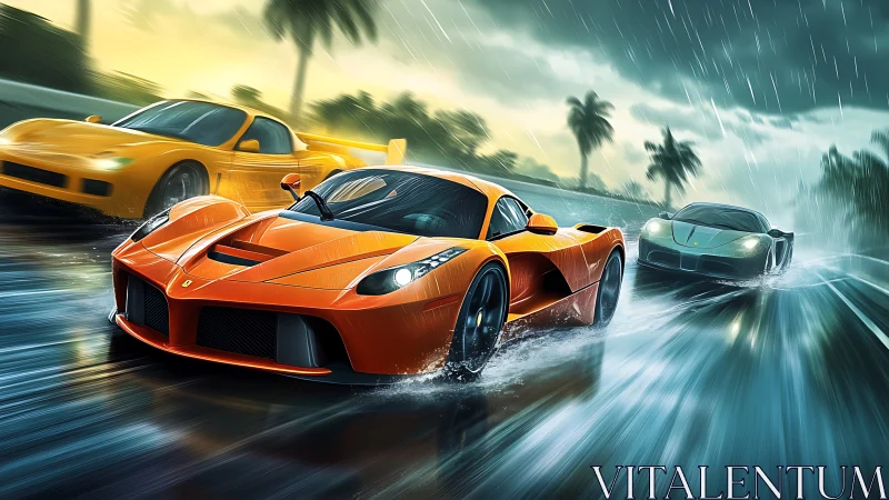 Hyperreal supercars racing through dynamic wet highway