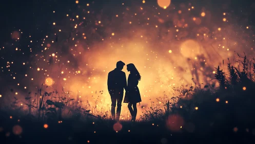 Couple silhouetted against glowing firefly dance at dusk.