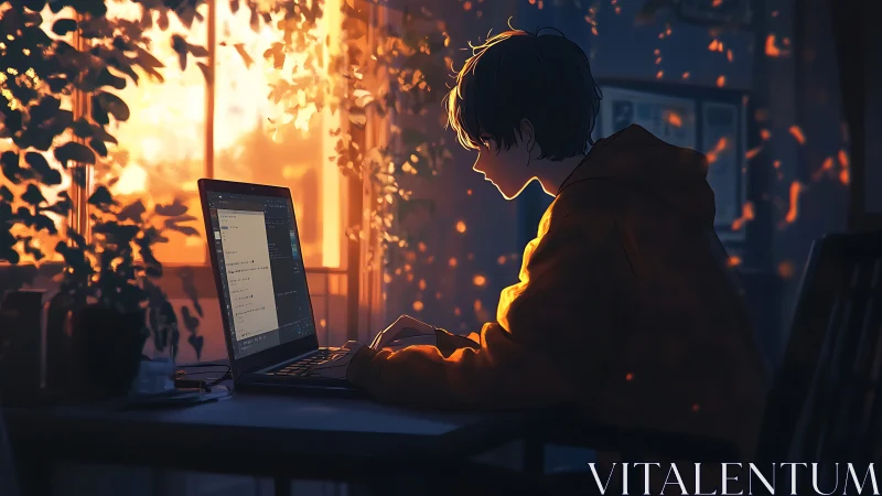 Twilight coder glows in ember-lit room of quiet focus.