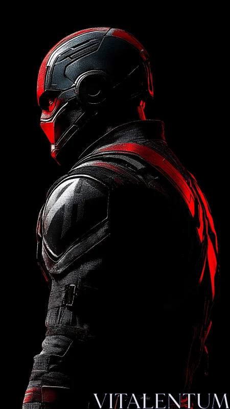 Midnight tactician in crimson armor scans the void.