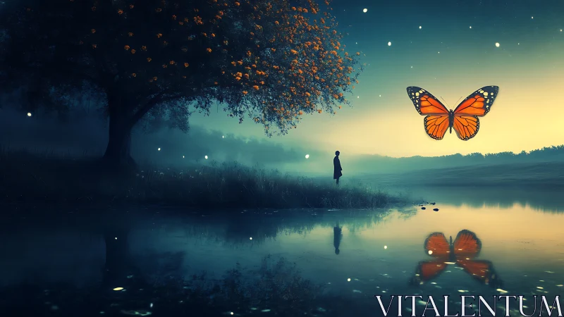 Nocturnal lakeside vista with giant monarch butterfly reflection