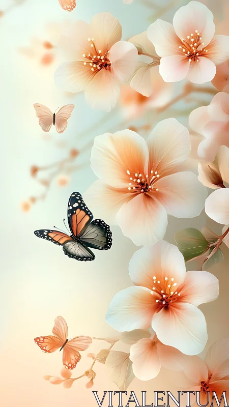Digital painting of pastel blossoms with butterflies in motion.