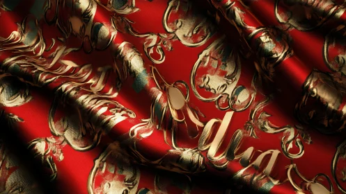 Metallic script on red fabric with ornate golden pattern.