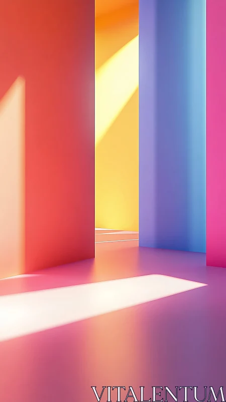 Colorful geometric hallway glows with soft abstract light