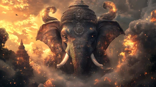Majestic celestial elephant emerges glowing from fiery clouds