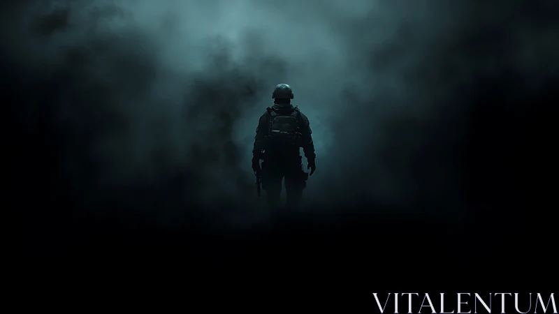 Lone soldier walks through swirling blue battlefield fog.