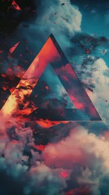 Geometric portal triangle in fractured atmospheric cloudscape.