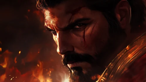Battle-scarred warrior portrait glowing in searing firelight.