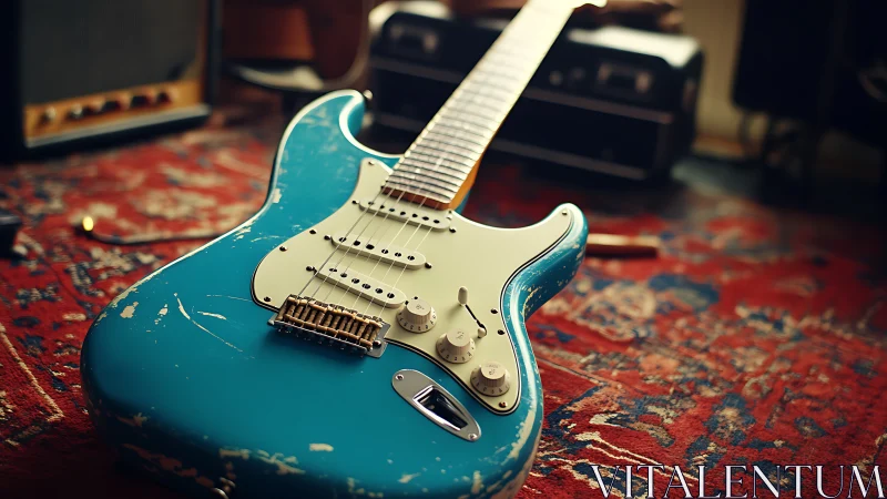 Electric guitar lies on patterned rug in studio environment