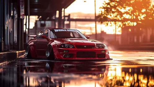 Widebody R34 Skyline GT-R on wet city street at sunset