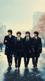 Four suited musicians walk through snowy city street.