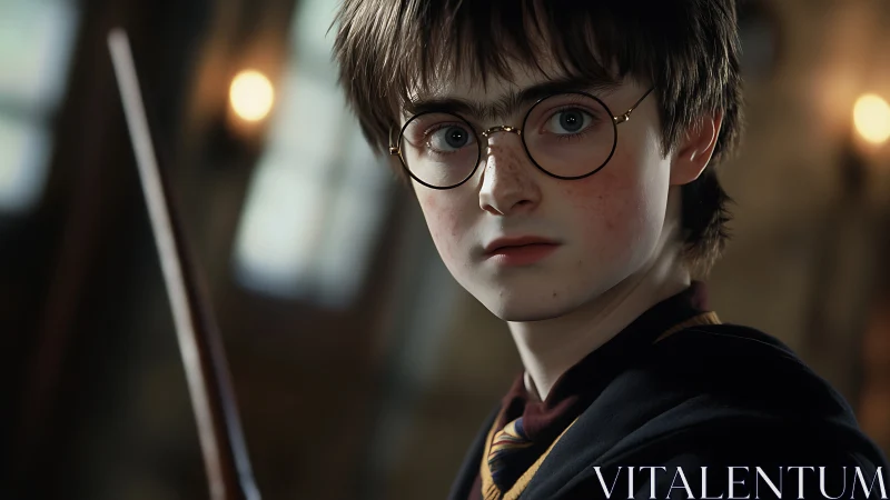 Young wizard character holds wand and looks to the side