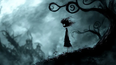 Elongated figure surveys a fog laden gothic forest in silhouette