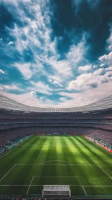 Crowded football stadium under dramatic blue sky at match