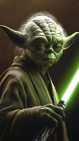 Elder alien swordsman portrait with luminous plasma blade