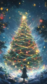 Magical winter night beneath a glowing Christmas tree.