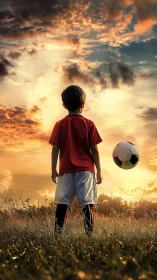 Boy stands in grassy field with soccer ball at sunset sky