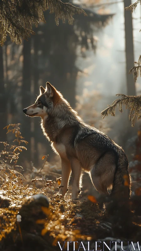 Wolf stands in golden backlight within misty forest clearing
