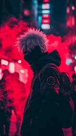 Masked street figure in neon magenta haze, high contrast cyberpunk