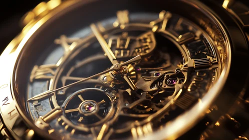 Golden skeleton watch glowing with intricate clockwork charm.