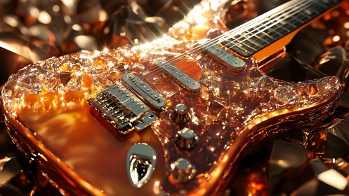 Crystal-body electric guitar under cinematic golden lighting.