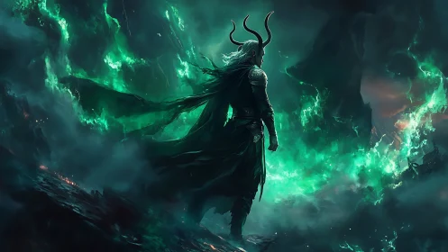 Horned sorcerer commands swirling emerald stormfire