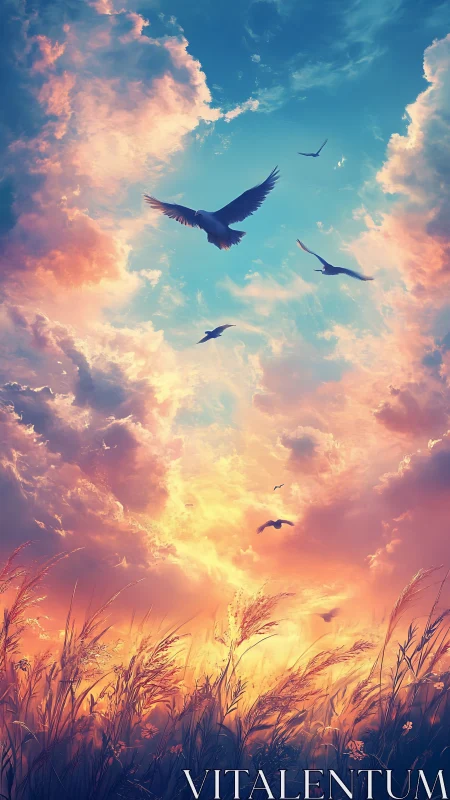 Backlit grassland and soaring birds under radiant sunset sky