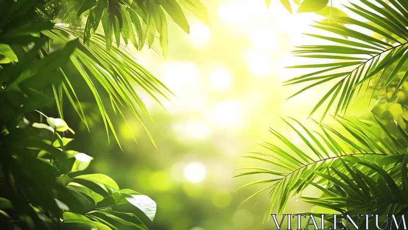 Sunlit green foliage with blurred bright background bokeh.