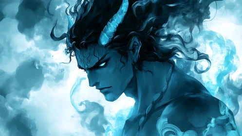 Horned blue demon profile in swirling mist and smoke.