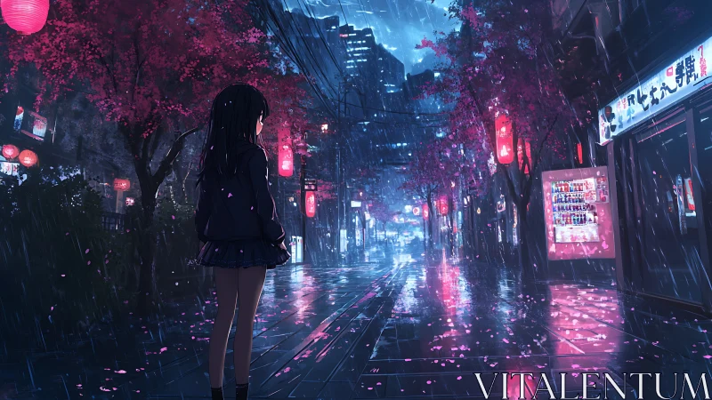Soft rain embraces a neon city street under cherry blossoms