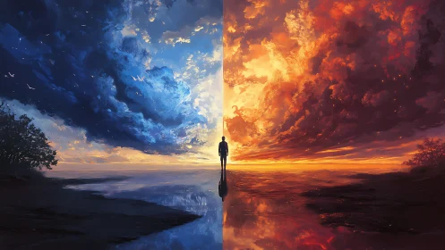 Silhouetted figure between dual-color storm skies at dusk.