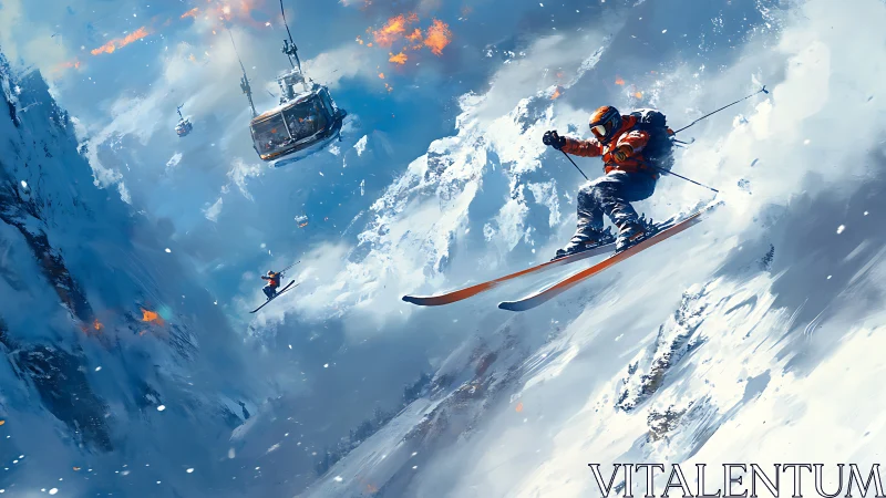 Skier descending steep mountain slope with cable car visible