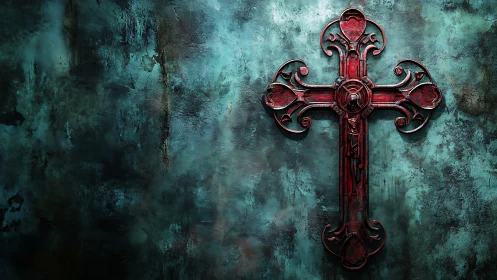 Red ornate cross on textured teal stone background surface.