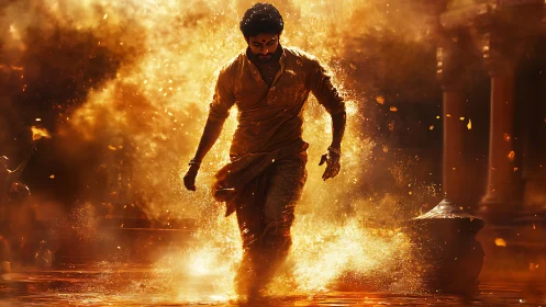 Male figure walks through illuminated orange water spray