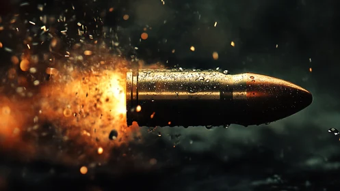 High-speed metallic bullet in flight with ejecta particles.